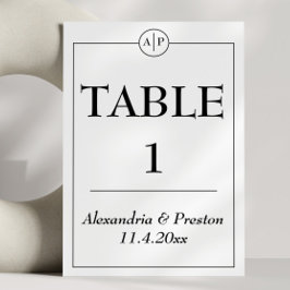 Tarjeta De Mesa Mínimo Monograma Números de tabla en blanco y negr