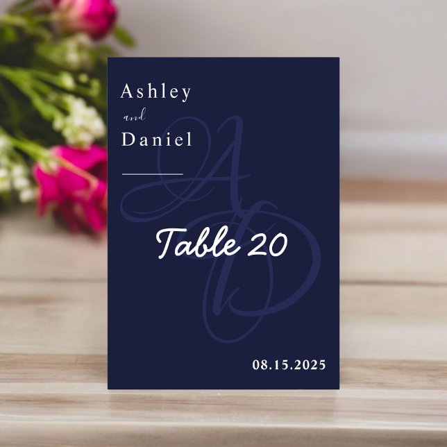 Tarjeta De Mesa Mínimo Navy Blue Monograma Blanco Elegante Boda (Subido por el creador)