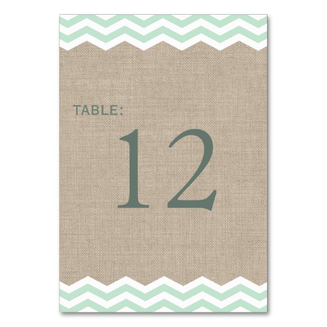 Tarjeta De Mesa Mint Chevrons en Burlap Table Number (Anverso)