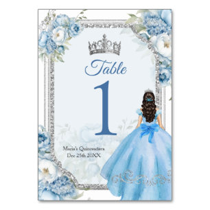 Tarjeta De Mesa Mis Quince Blue Floral Silver Crown Quinceañera
