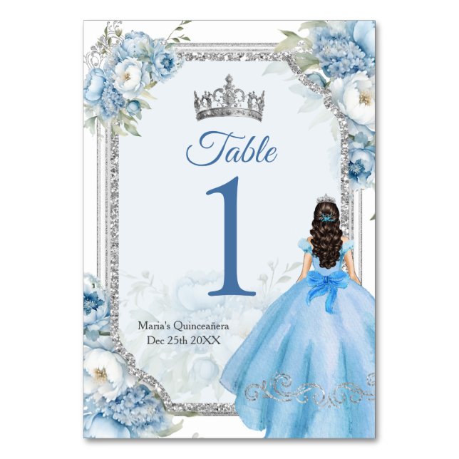 Tarjeta De Mesa Mis Quince Blue Floral Silver Crown Quinceañera (Anverso)