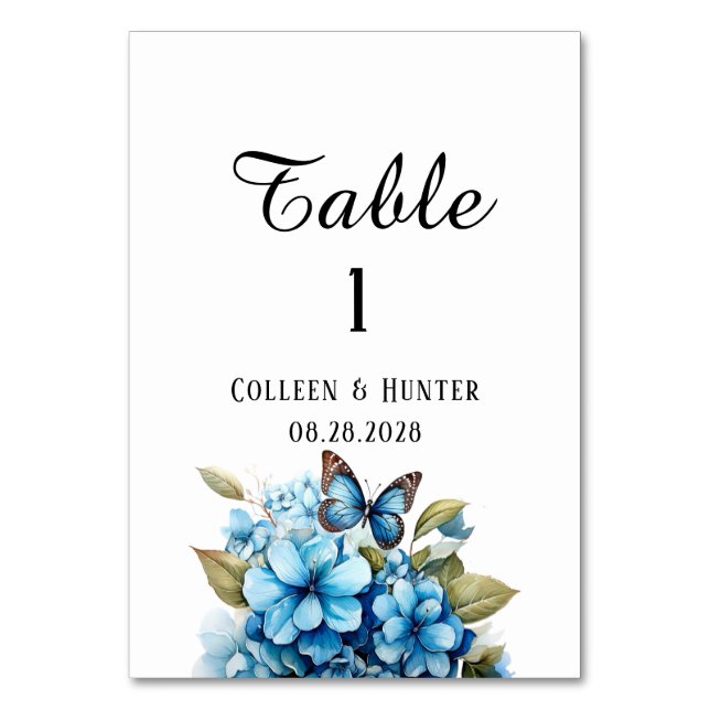 Tarjeta De Mesa Moda Azul Hidrangea Boda de mariposa floral (Anverso)