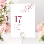Tarjeta De Mesa Moda Borgoña Botánica Mínima, Boda Rosa<br><div class="desc">Guíe a sus invitados a su mesa con esta elegante tarjeta de numero de la mesa de bodas. Diseño elegante y sencillo con nombres a un lado y el "y" en caligrafía escrita a mano moderna. Delicada zona de vegetación botánica a mano con detalles en tonos rosa y burdeos. Por...</div>