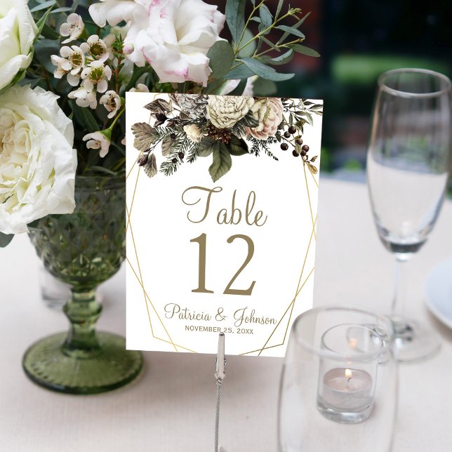 Tarjeta De Mesa Moda de boda floral con marco geométrico dorado (Subido por el creador)
