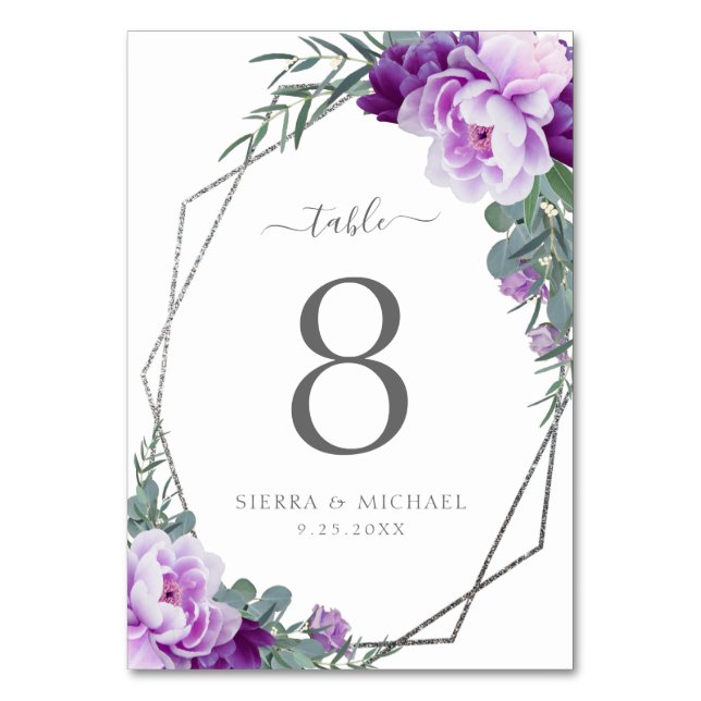 Tarjeta De Mesa Moda Elegante Boda Floral Morado y Plata (Anverso)