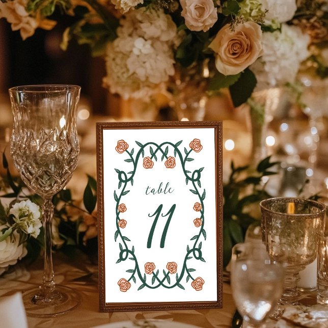 Tarjeta De Mesa Moda Elegante Marco Rosa Frasco Floral VerdeRosa (Chic Elegant Rose Frame Botanical Floral GreenPink Table Number Wedding Engagement Bridal Anniversar)