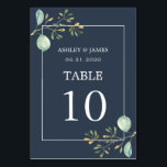 Tarjeta De Mesa Moda Eucalyptus Boda Botánico Azul de la Marina Ve<br><div class="desc">Elegante carta numero de mesa de boda con un diseño botánico de follaje eucalipto sobre un fondo azul oscuro de moda. Simplemente agregue los detalles de su boda. Si necesita ayuda o productos que coincidan, por favor contáctenos a través de nuestra tienda. ¡Estamos encantados de ayudarle a hacer de su...</div>