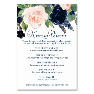 Tarjeta De Mesa Moda florece Menú de besos azul marino y Rubor