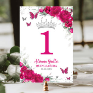 Tarjeta De Mesa Moda Fuchsia Floral Rosa Quinceañera XV Dulce 16
