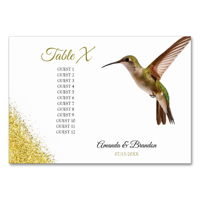 Tarjeta De Mesa Moda Green Hummingbird y Gold Dust Boda (Anverso)