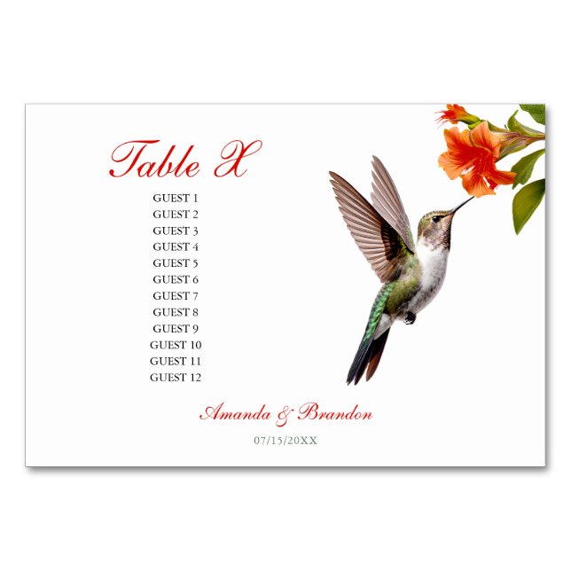 Tarjeta De Mesa Moda Hummingbird y Naranja Boda de flores (Anverso)
