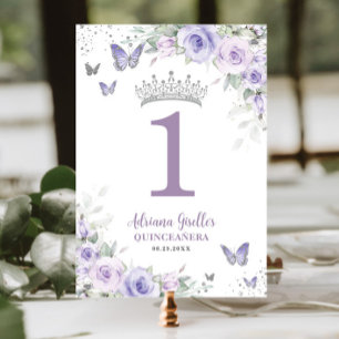 Tarjeta De Mesa Moda Lavanda Morado Floral Quinceañera Sweet 16