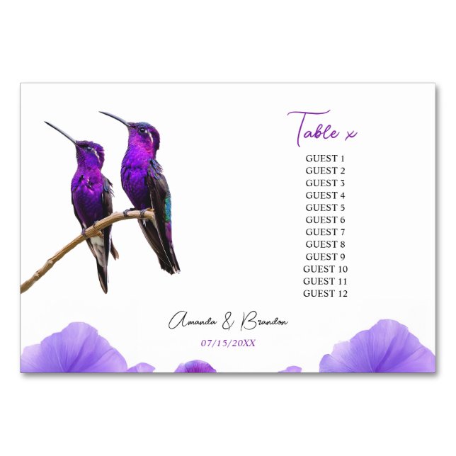 Tarjeta De Mesa Moda Morado Hummingbirds y Petales Boda (Anverso)