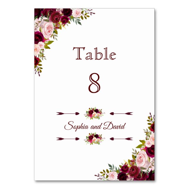 Tarjeta De Mesa Moda NÚMERO DE TABLA Boda Floral de Borgoña Marsal (Anverso)