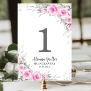 Tarjeta De Mesa Moda Plata Floral Rosa Quinceañera XV Dulce 16