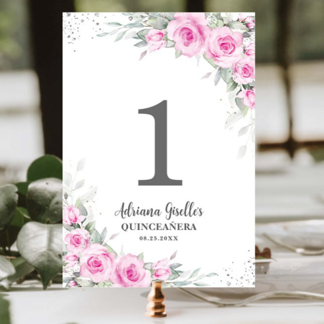 Tarjeta De Mesa Moda Plata Floral Rosa Quinceañera XV Dulce 16 (Subido por el creador)