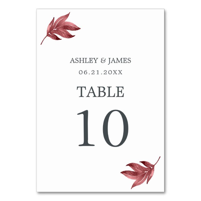 Tarjeta De Mesa Moda Script Burgundy Leaf Boda mínimo (Anverso)
