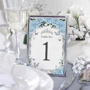 Tarjeta De Mesa Moda Sky Blue Floral Silver Cumpleaños Quinceanera