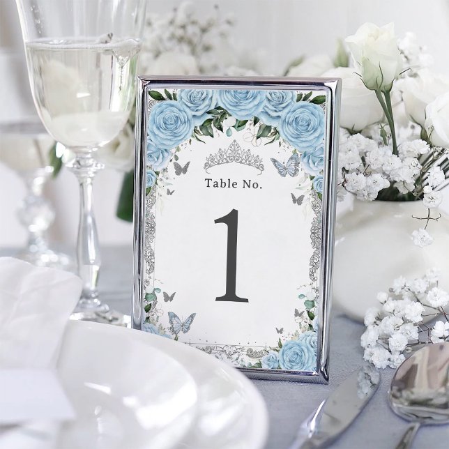 Tarjeta De Mesa Moda Sky Blue Floral Silver Cumpleaños Quinceanera (Subido por el creador)