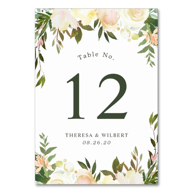 Tarjeta De Mesa Moda verde acuarela marfil Boda floral (Anverso)