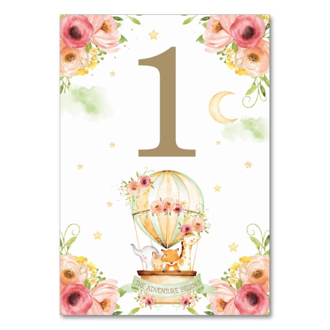 Tarjeta De Mesa Moda Verde Aire caliente Globo Bebés Animales Neut (Anverso)
