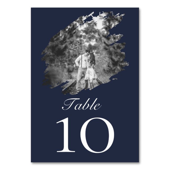 Tarjeta De Mesa Modern Brushstroke Photo Wedding | Navy Blue (Anverso)