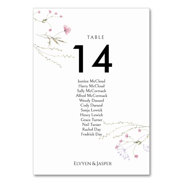 Tarjeta De Mesa Modern Floral Pink Wild Flower Seating Chart &  (Anverso)