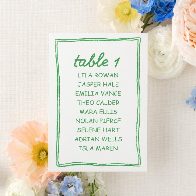 Tarjeta De Mesa Modern Green Doodle Wedding Seating Chart Card (Subido por el creador)