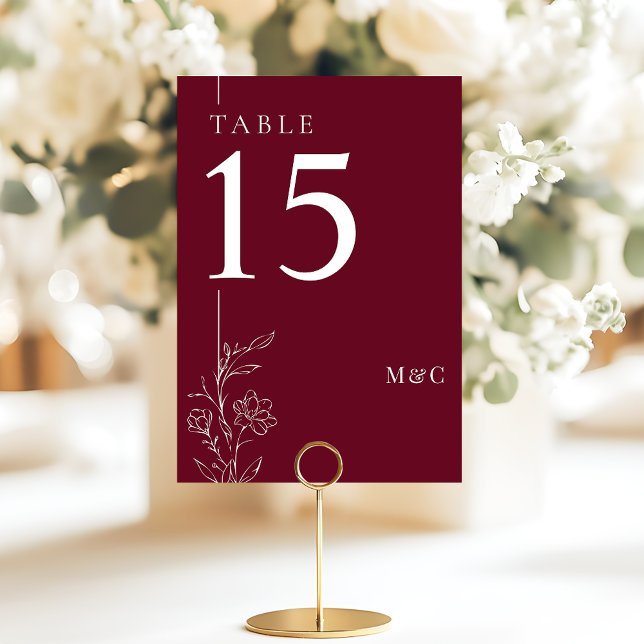 Tarjeta De Mesa Modern Line Art Floral Burgundy Elegant Wedding (Subido por el creador)