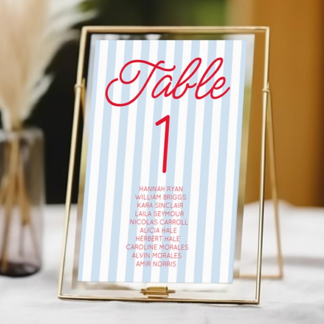 Tarjeta De Mesa Modern Minimal Minimalist Blue Stripes Red Wedding (Subido por el creador)