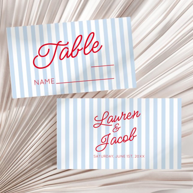 Tarjeta De Mesa Modern Minimal Minimalist Blue Stripes Red Wedding (Subido por el creador)
