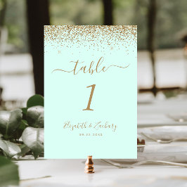 Tarjeta De Mesa Modern Mint Green Gold Glitter Edge Wedding