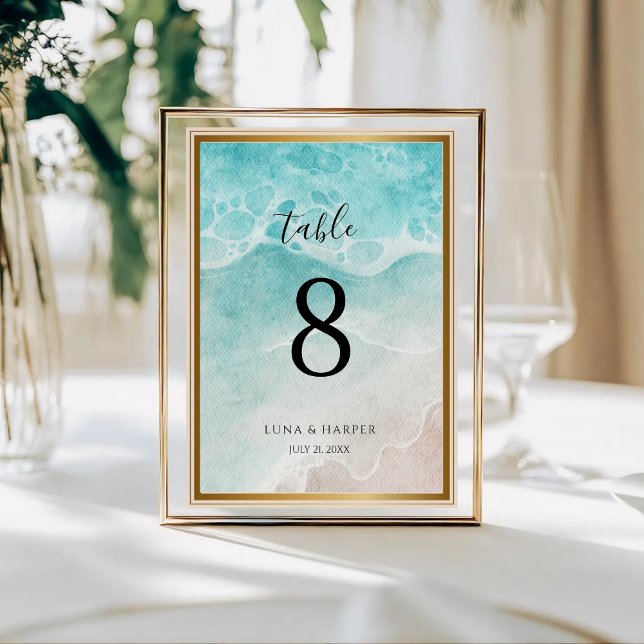 Tarjeta De Mesa Modern Ocean Tide Watercolor Beach Wedding (Subido por el creador)