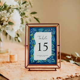 Tarjeta De Mesa Modern Rustic Navy Blue Hydrangeas Striped Wedding