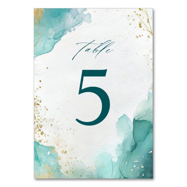 Tarjeta De Mesa Modern Teal Gold Abstract Beach Wedding (Anverso)