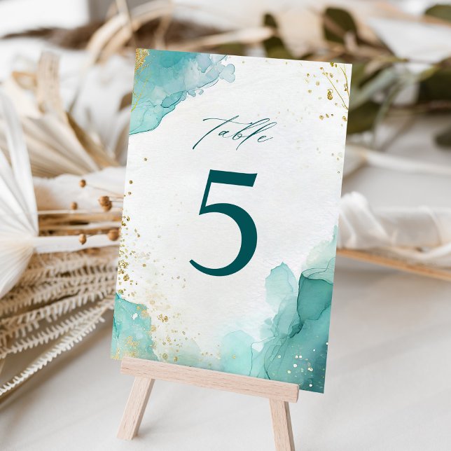 Tarjeta De Mesa Modern Teal Gold Abstract Beach Wedding (Subido por el creador)