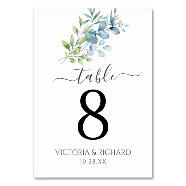 Tarjeta De Mesa Modern Watercolor Eucalyptus Greenery Wedding (Anverso)