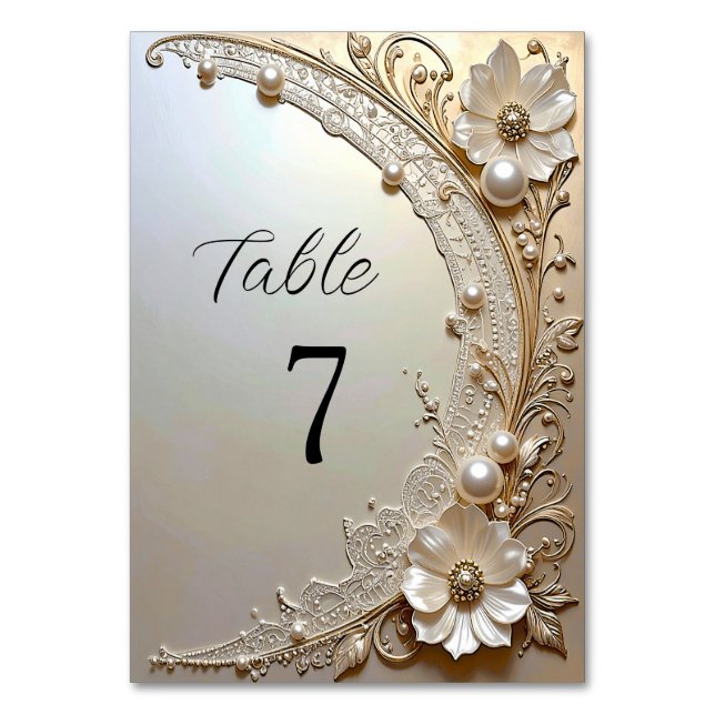 Tarjeta De Mesa Modern White Flowers Pearls Table Number (Anverso)