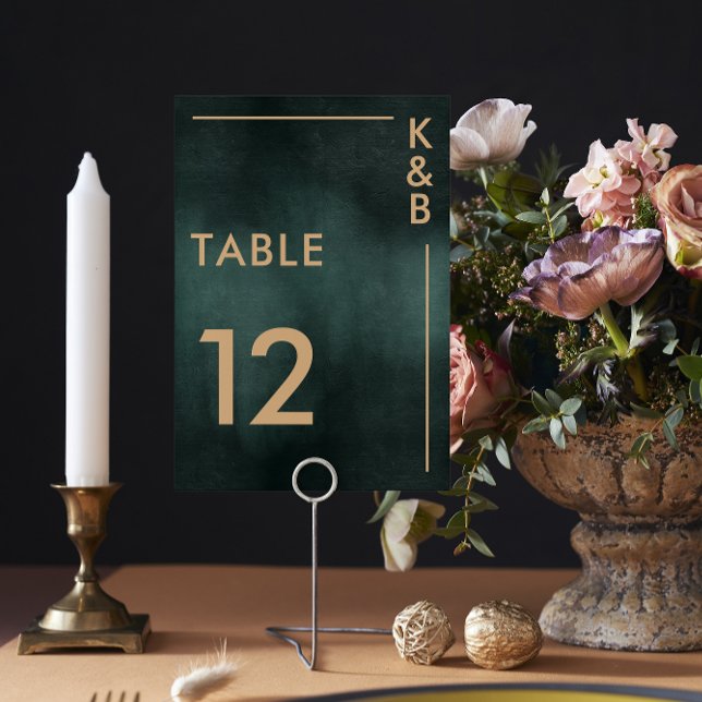 Tarjeta De Mesa Moderna boda elegante verde esmeralda negro (Sophisticated Green & Black Wedding Table Number)
