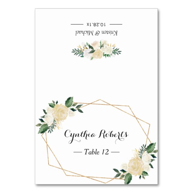 Tarjeta De Mesa Moderna Greenery Gold Marfil Floral Place Card (Anverso)