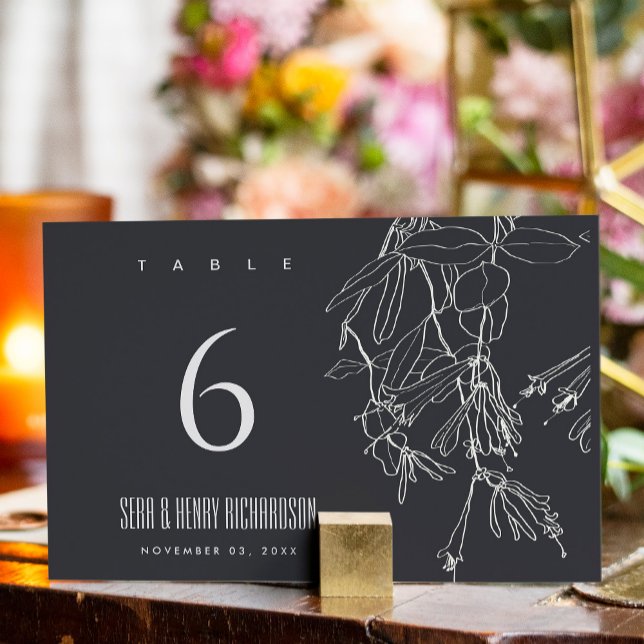 TARJETA DE MESA MODERNA LÍNEA NEGRA RÚSTICA DIBUJANDO BODA FLORAL (Subido por el creador)