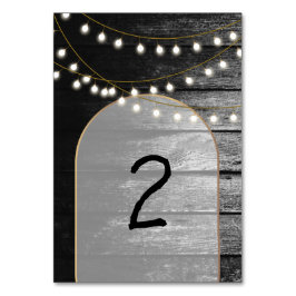 Tarjeta De Mesa Moderna Rustic Black Wood Gold Lights Arch Boda