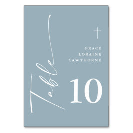 Tarjeta De Mesa Moderna y elegante escritura Dusty Blue First Comm