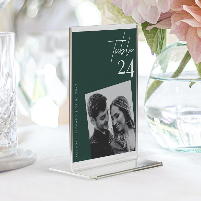 Tarjeta De Mesa Moderna y elegante foto de un boda verde esmeralda (Elegant Emerald Green Modern Minimalist with Photo Table Number)