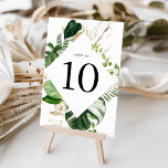 Tarjeta De Mesa Modernas hojas tropicales de oro personalizadas<br><div class="desc">Elegantes cartas tropicales con el número de la mesa enmarcado por hojas tropicales acuarelas en tonos verdes complementadas por follaje falso de Relieve metalizado dorado. El diseño se repite en la parte posterior de la tarjeta. Diseñado para coordinar con nuestra colección de bodas Tropical Gold. Para solicitar cada tarjeta de...</div>