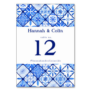 Tarjeta De Mesa Moderno Boda de mosaico azul mediterráneo