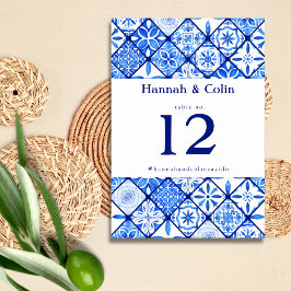Tarjeta De Mesa Moderno Boda de mosaico azul mediterráneo
