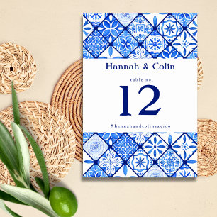 Tarjeta De Mesa Moderno Boda de mosaico azul mediterráneo
