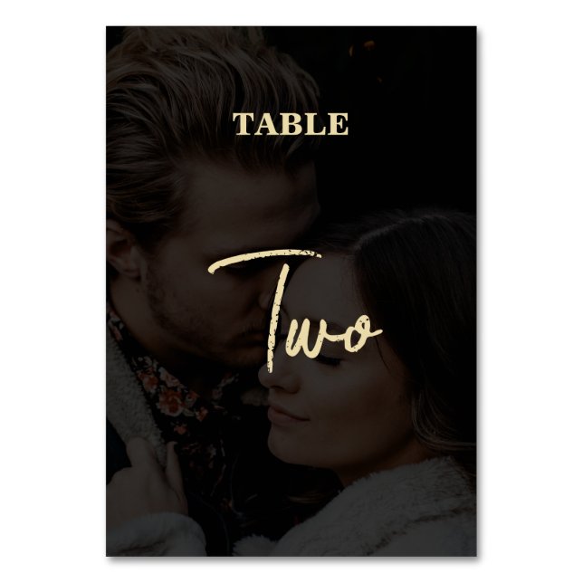 Tarjeta De Mesa Moderno Boda de superposición de foto de oro negro (Anverso)