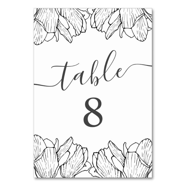 Tarjeta De Mesa Moderno Boda floral mínimo negro y blanco (Anverso)